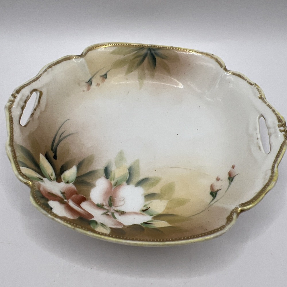 Hand Painted Trinket Candy Dish Gold Trim Pink Flowers 1"x5.5"x5"